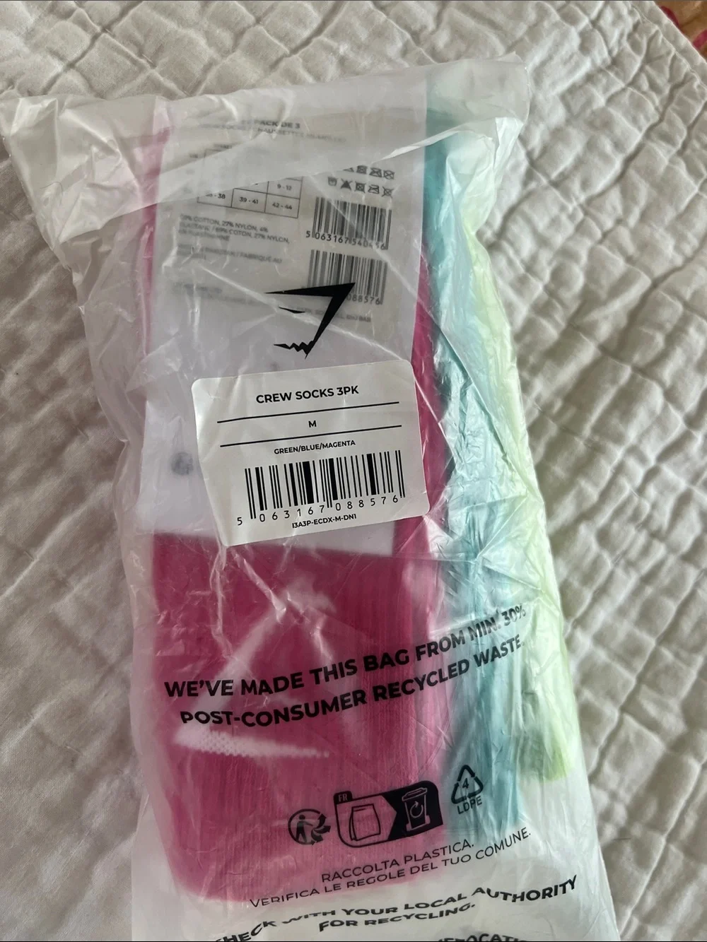 Gymshark Neon Green, Aqua & Pink 3-Pack Athletic Socks